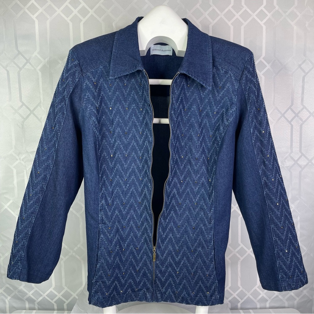 Alfred Dunner Chevron Embroidered Studded Denim Zip-Up Jacket Size 18